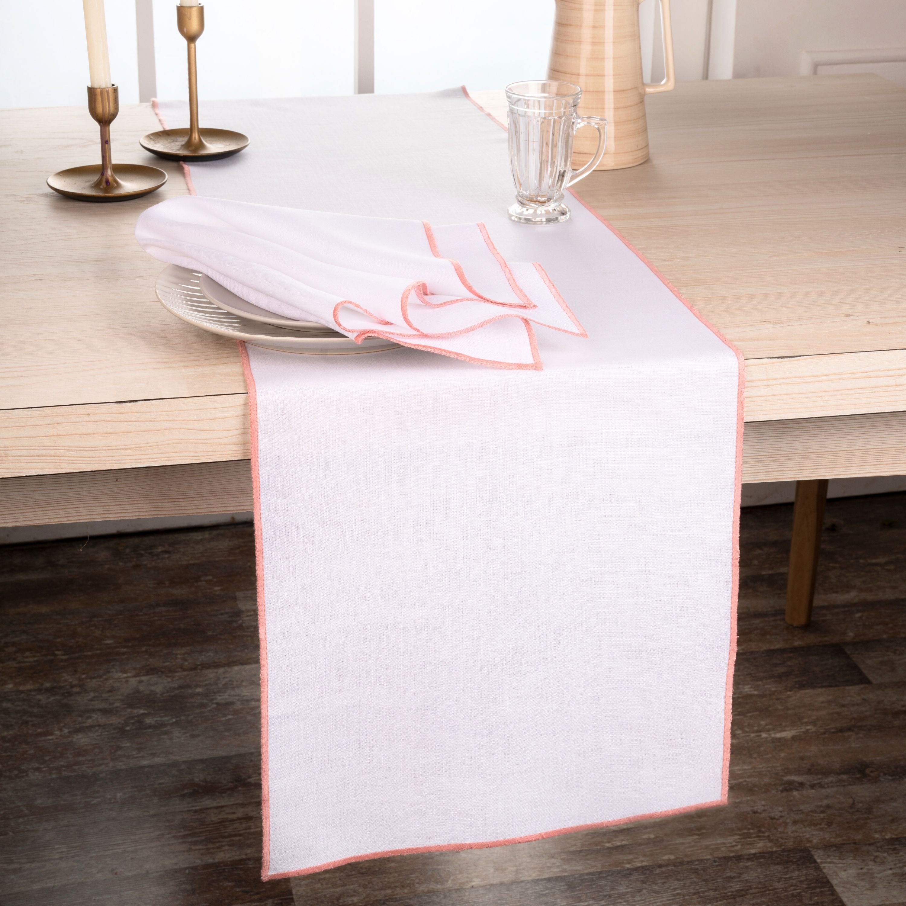 White and dusty pink pure linen table runner with matching D'Moksha table linens