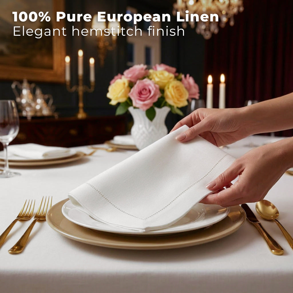 Close-up of the hemstitch edge on white pure linen dinner napkins