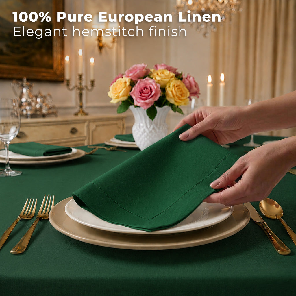 Close-up of the hemstitch edge on forest green pure linen dinner napkins
