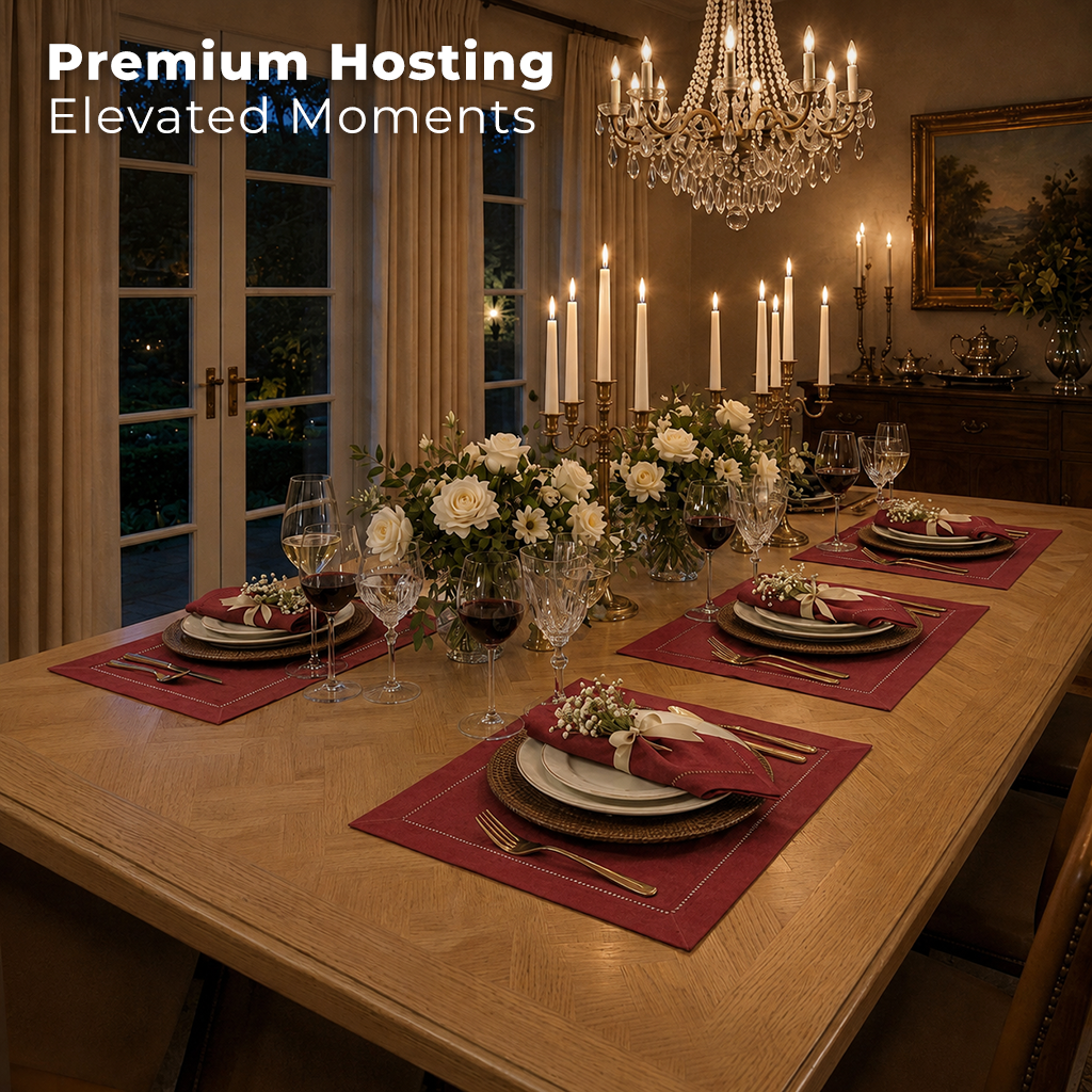 Red pure linen placemats with matching D'Moksha table linens