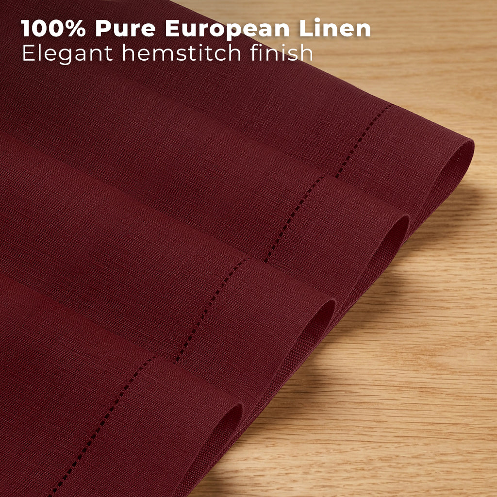 Close-up of the hemstitch edge on dark red pure linen placemats