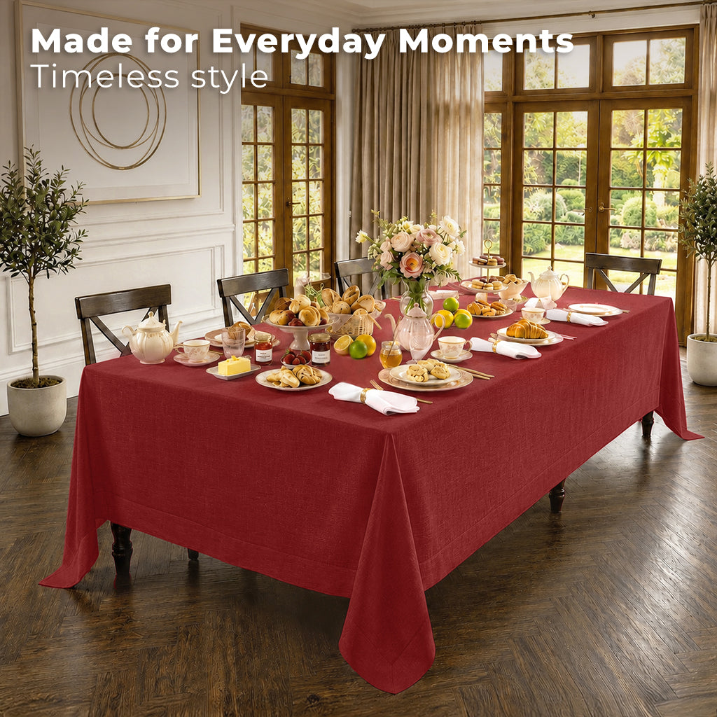 Close-up of the mitered corners on a red pure linen tablecloth