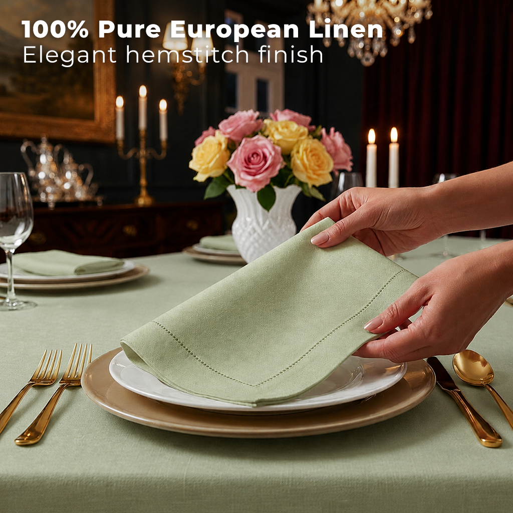 Close-up of the hemstitch edge on sage green pure linen dinner napkins