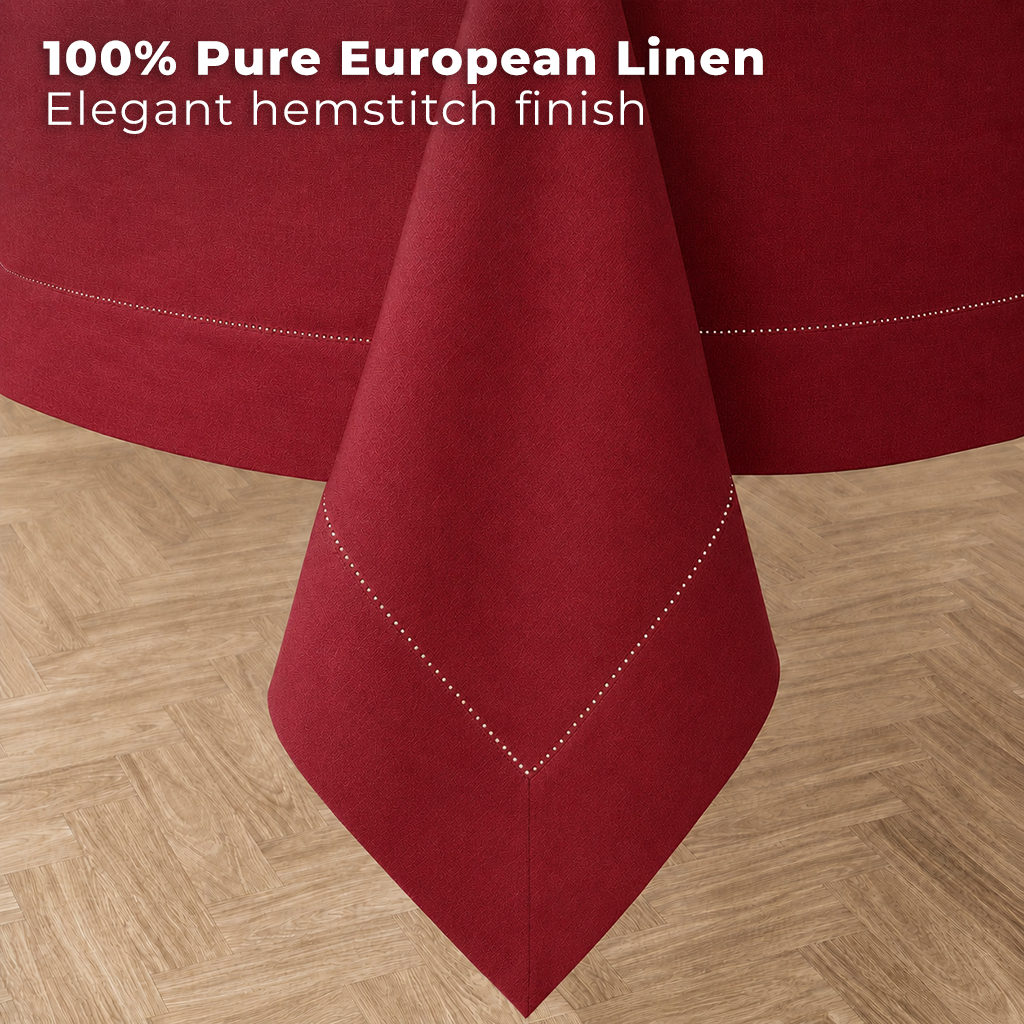 Close-up of the hemstitch edge on a red pure linen tablecloth