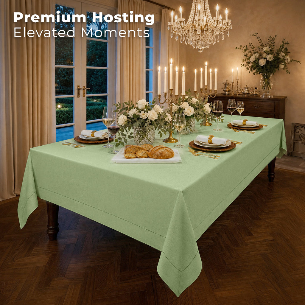Close-up of the hemstitch edge on a sage green pure linen tablecloth