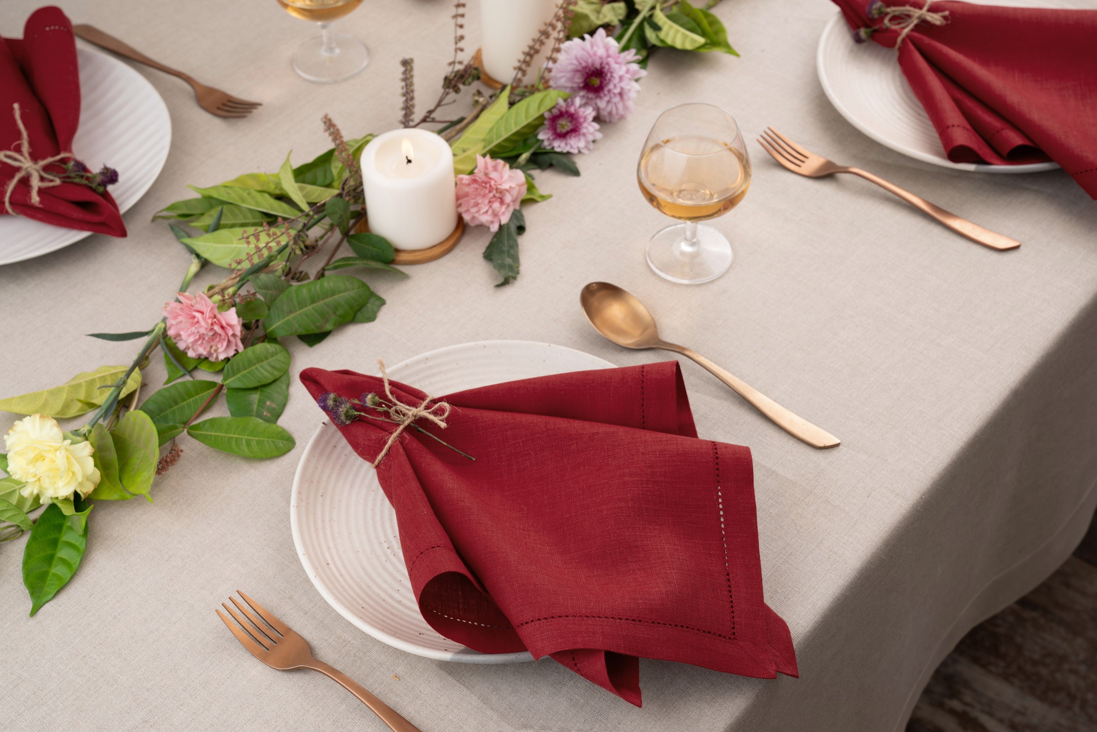 Red Linen Napkins, Hemstitch, 20 x 20 inch, 8 pcs