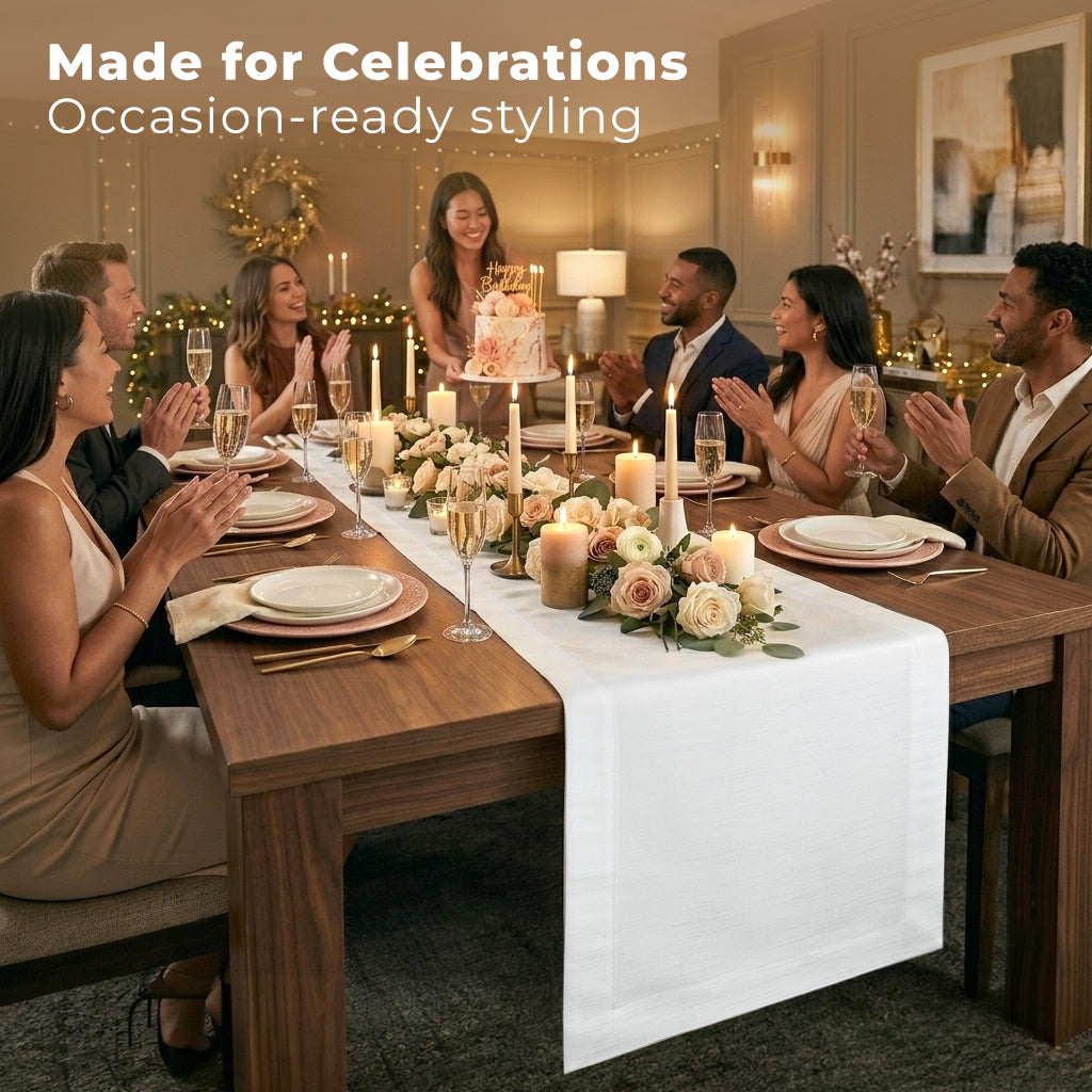 Close-up of the mitered corners on a white Luxe Shine table runner