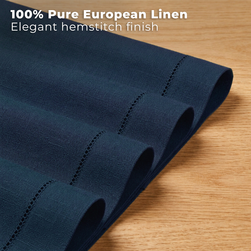 Close-up of the hemstitch edge on navy blue pure linen placemats