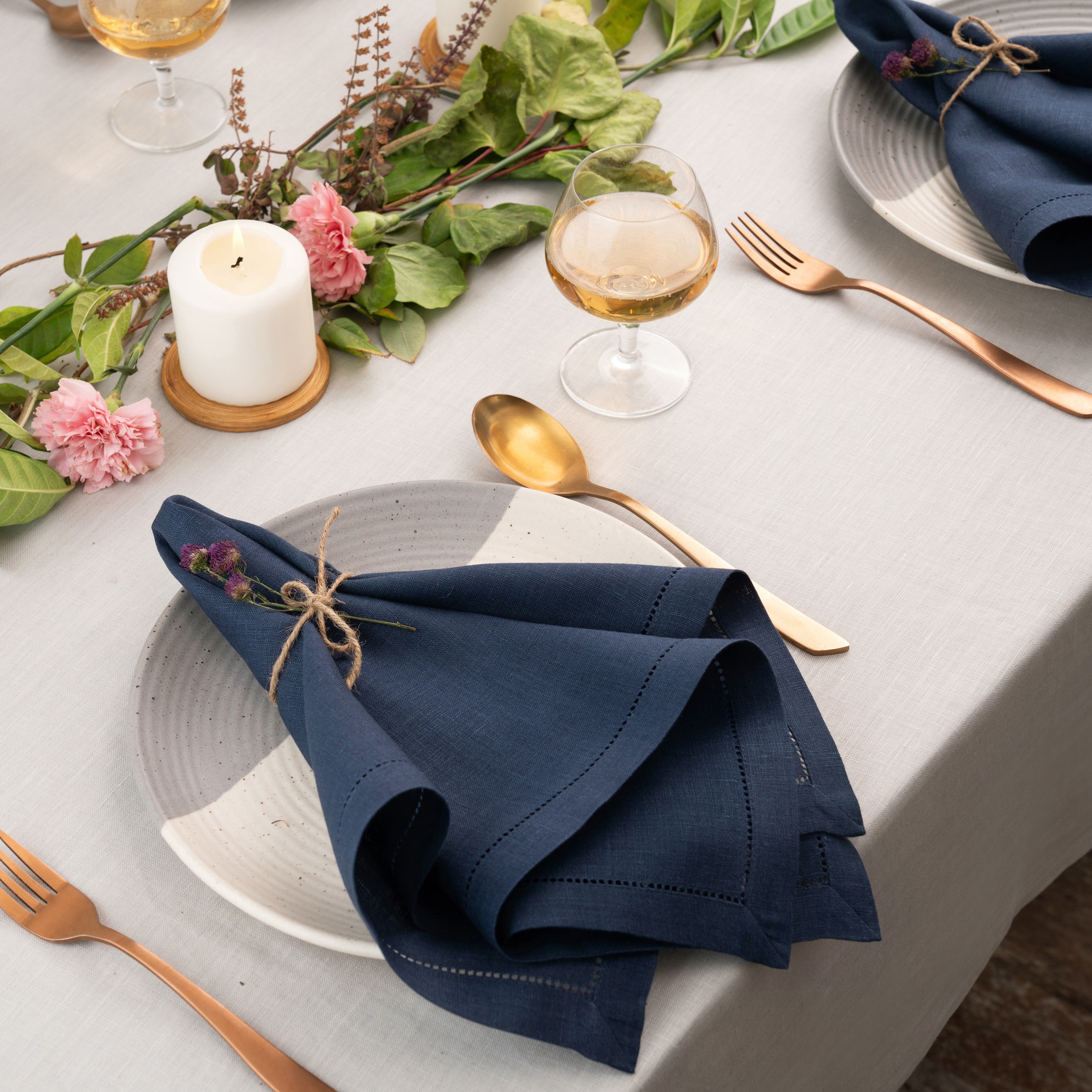 Navy Blue Linen Napkins, Hemstitch, 20 x 20 inch, 8 pcs