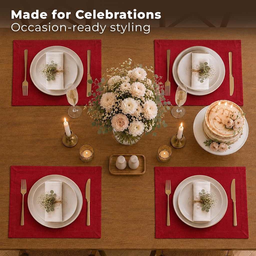 Close-up of the mitered corners on red Luxe Shine placemats
