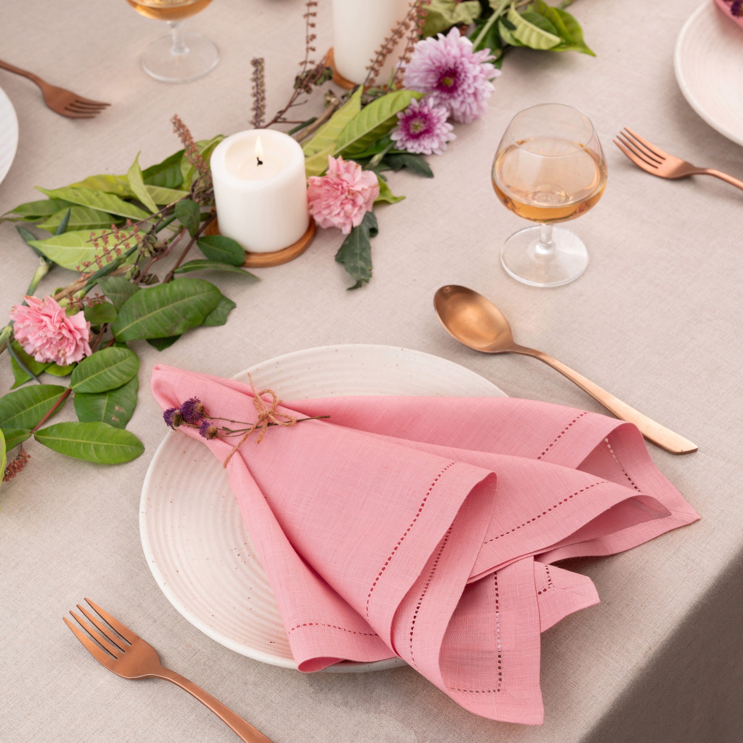 Close-up of the hemstitch edge on dusty pink pure linen dinner napkins