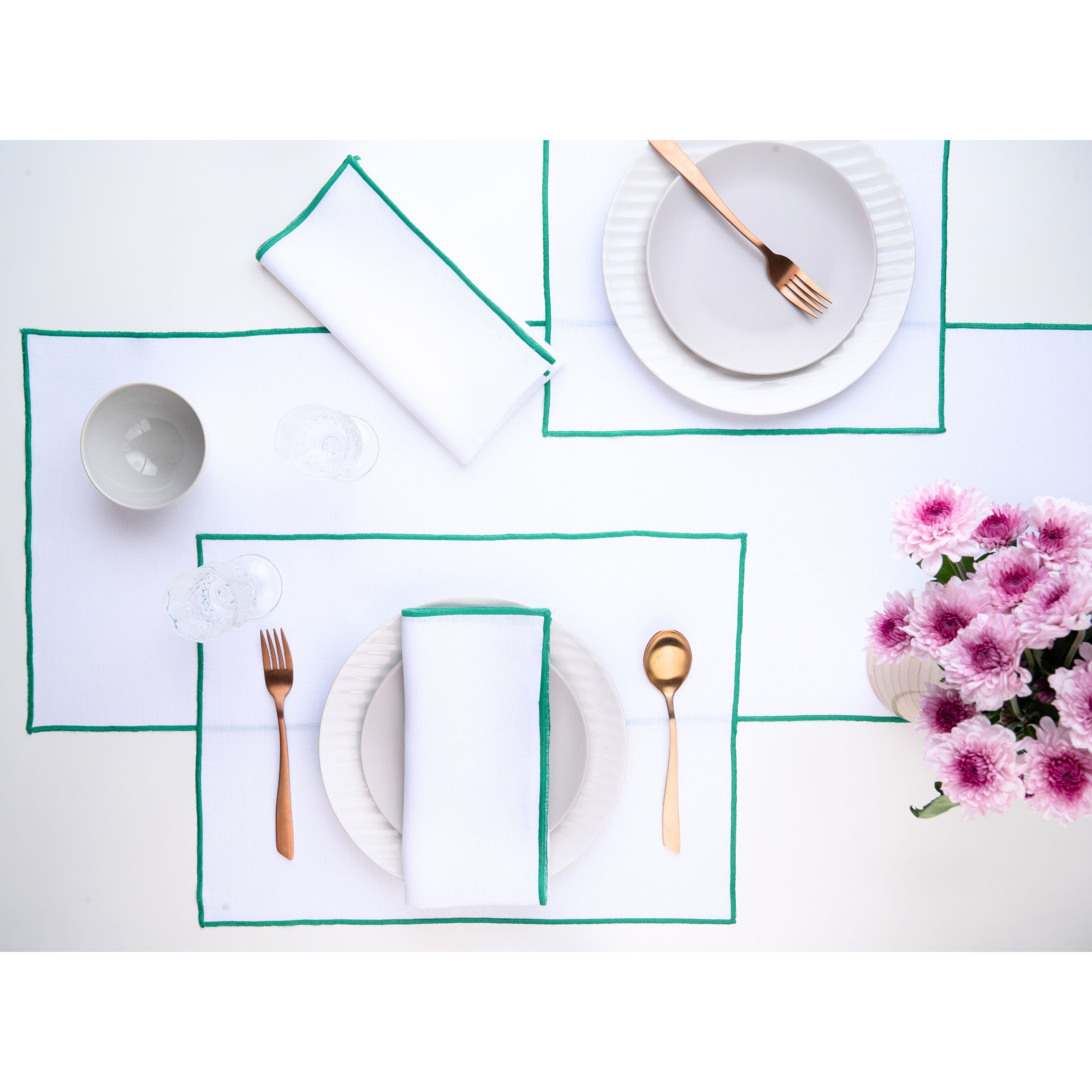 White and green pure linen table runner with matching D'Moksha table linens