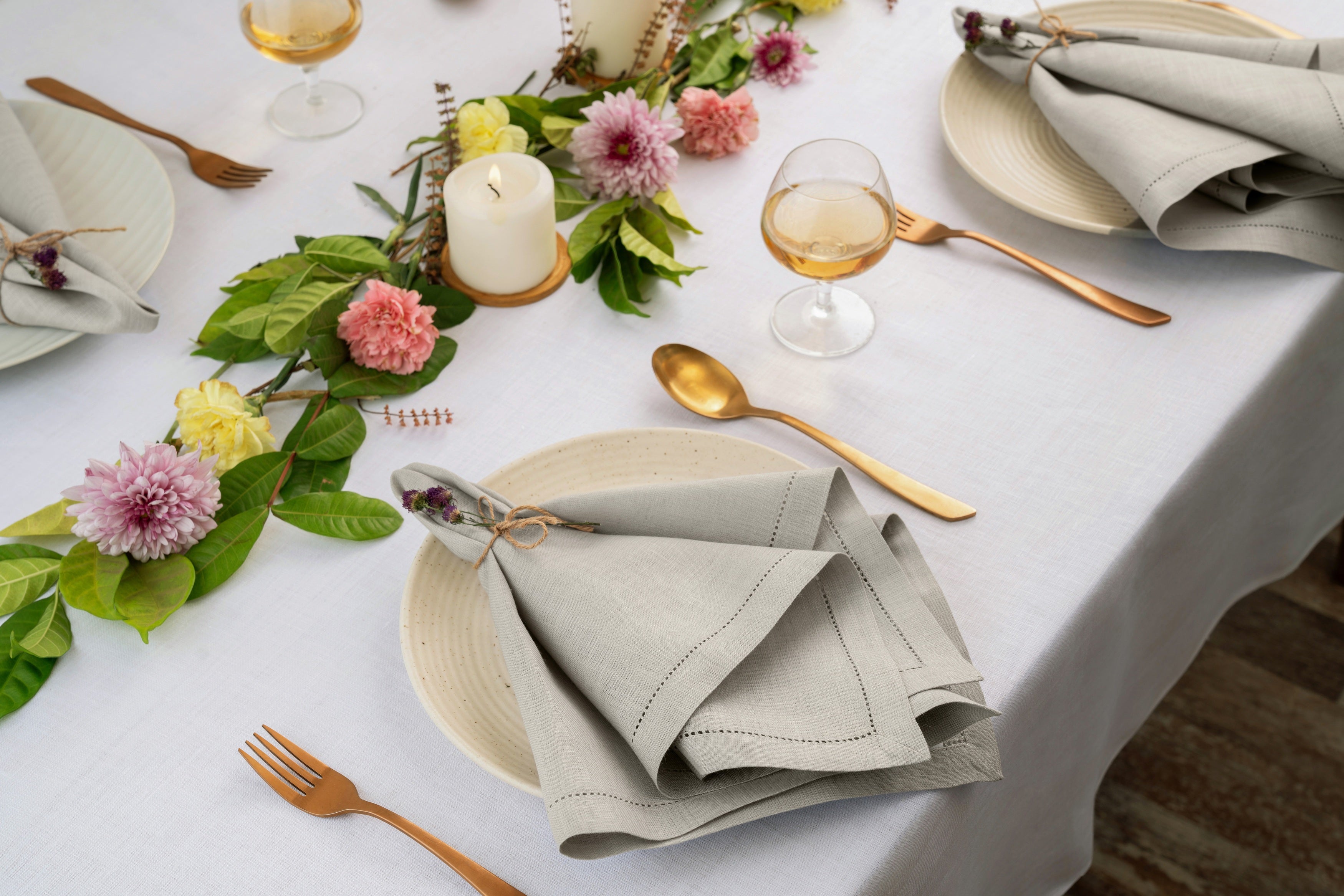 Silver grey pure linen dinner napkins styled on a dining table