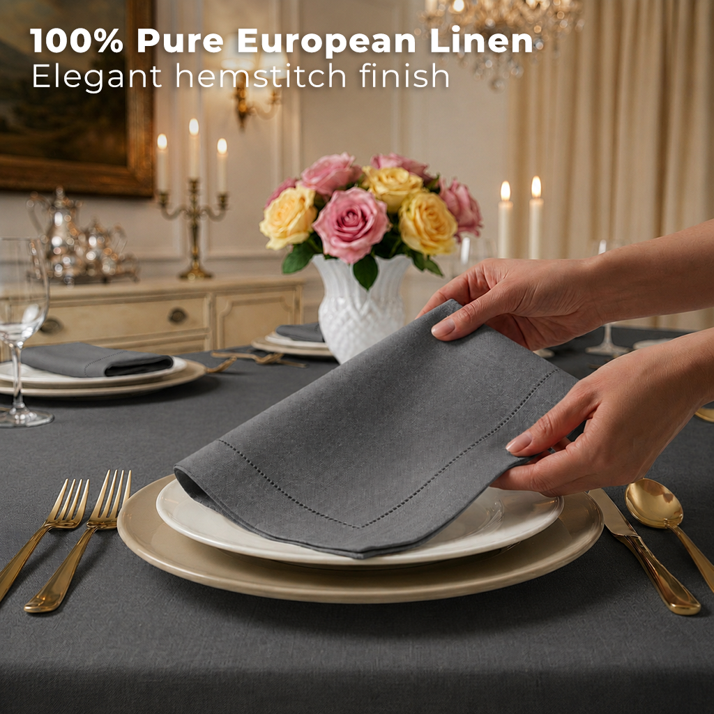 Close-up of the hemstitch edge on charcoal grey pure linen dinner napkins