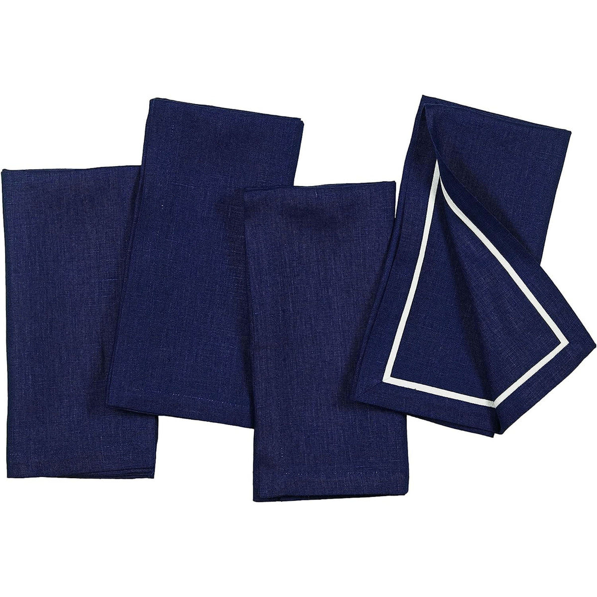 Navy blue and white pure linen dinner napkins with matching D'Moksha table linens