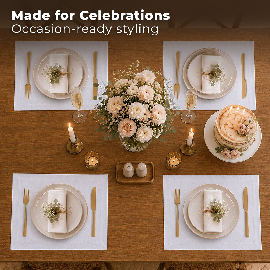 Close-up of the mitered corners on white Luxe Shine placemats