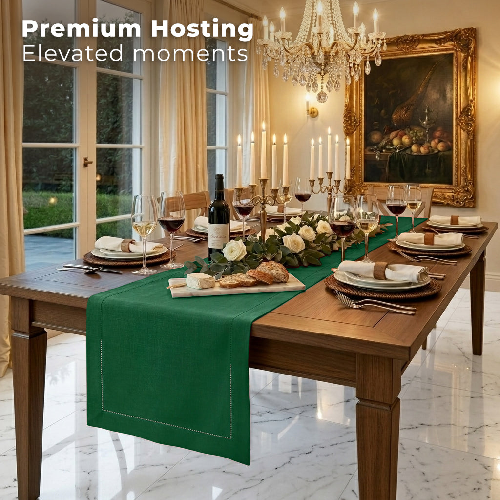 Close-up of the hemstitch edge on a forest green pure linen table runner
