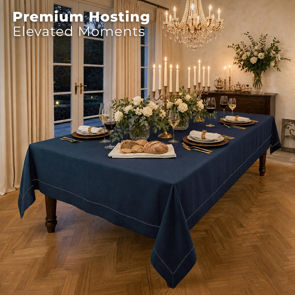 Close-up of the hemstitch edge on a navy blue pure linen tablecloth