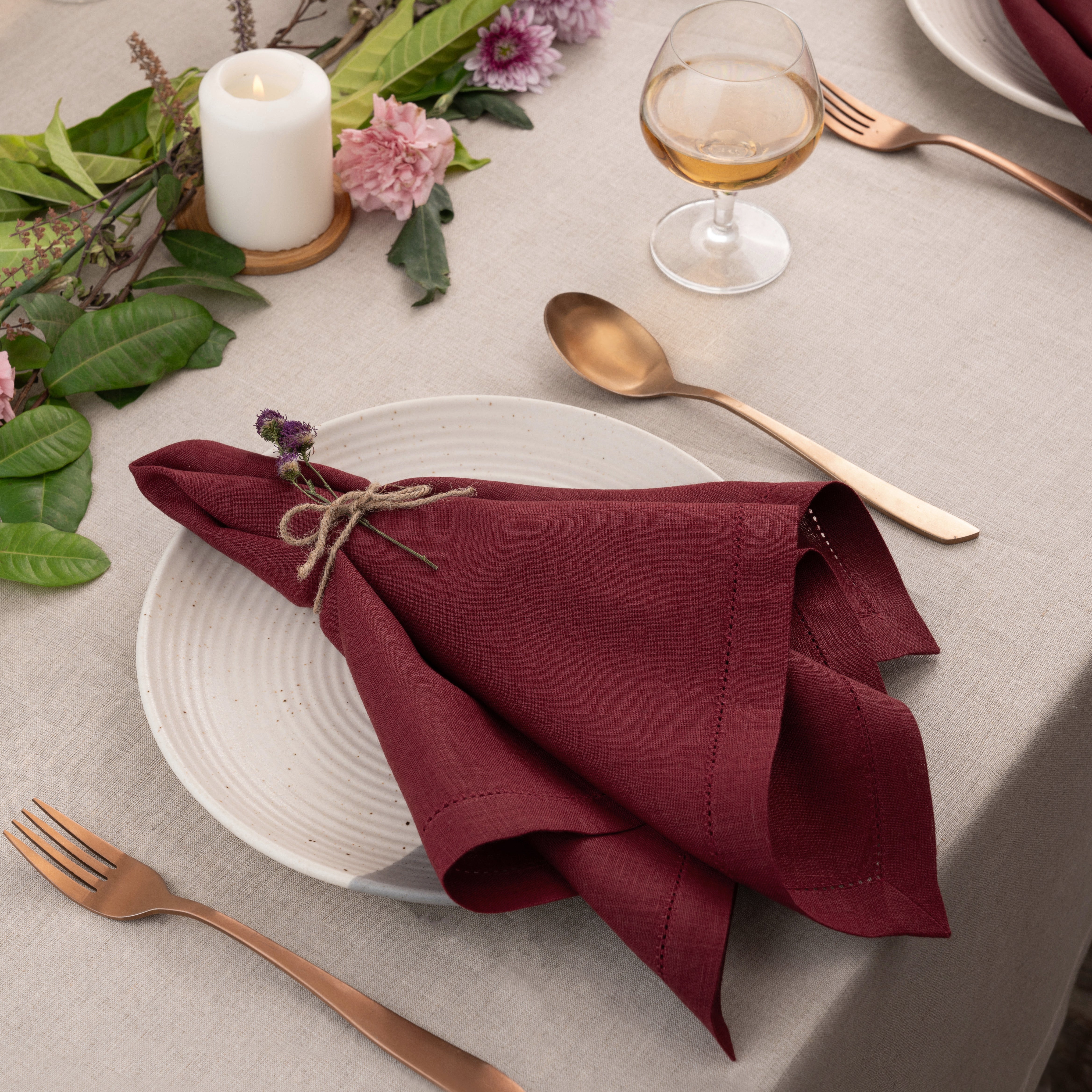 Dark Red Linen Napkins, Hemstitch, 20 x 20 inch, 8 pcs
