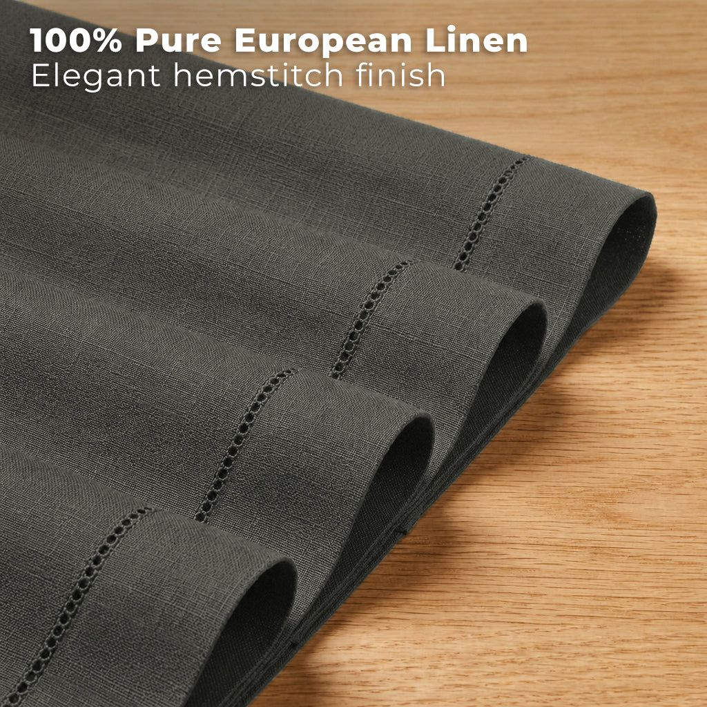 Close-up of the hemstitch edge on charcoal grey pure linen placemats