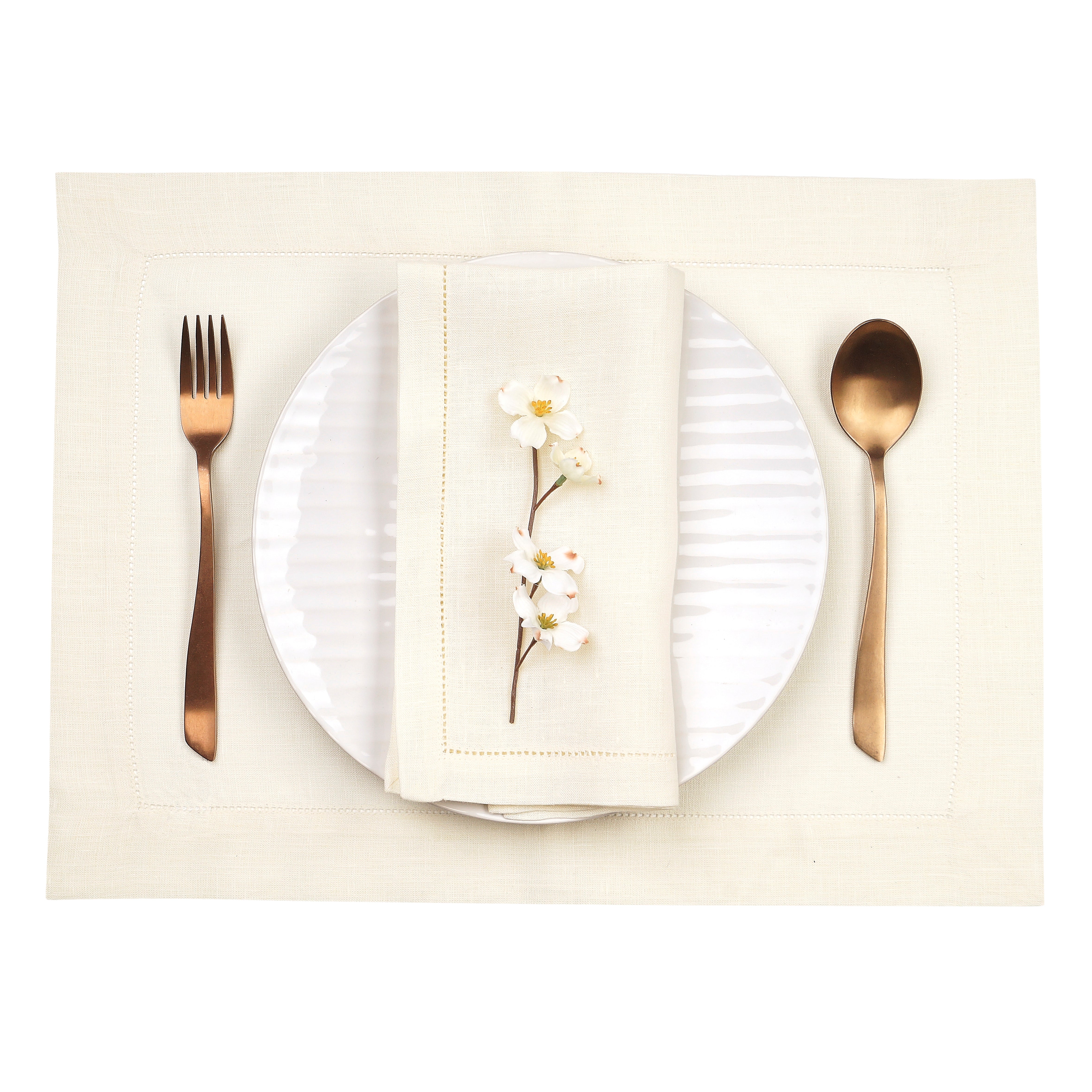 Ivory Linen Placemats, Hemstitch, 14 x 19 inch, 6 pcs