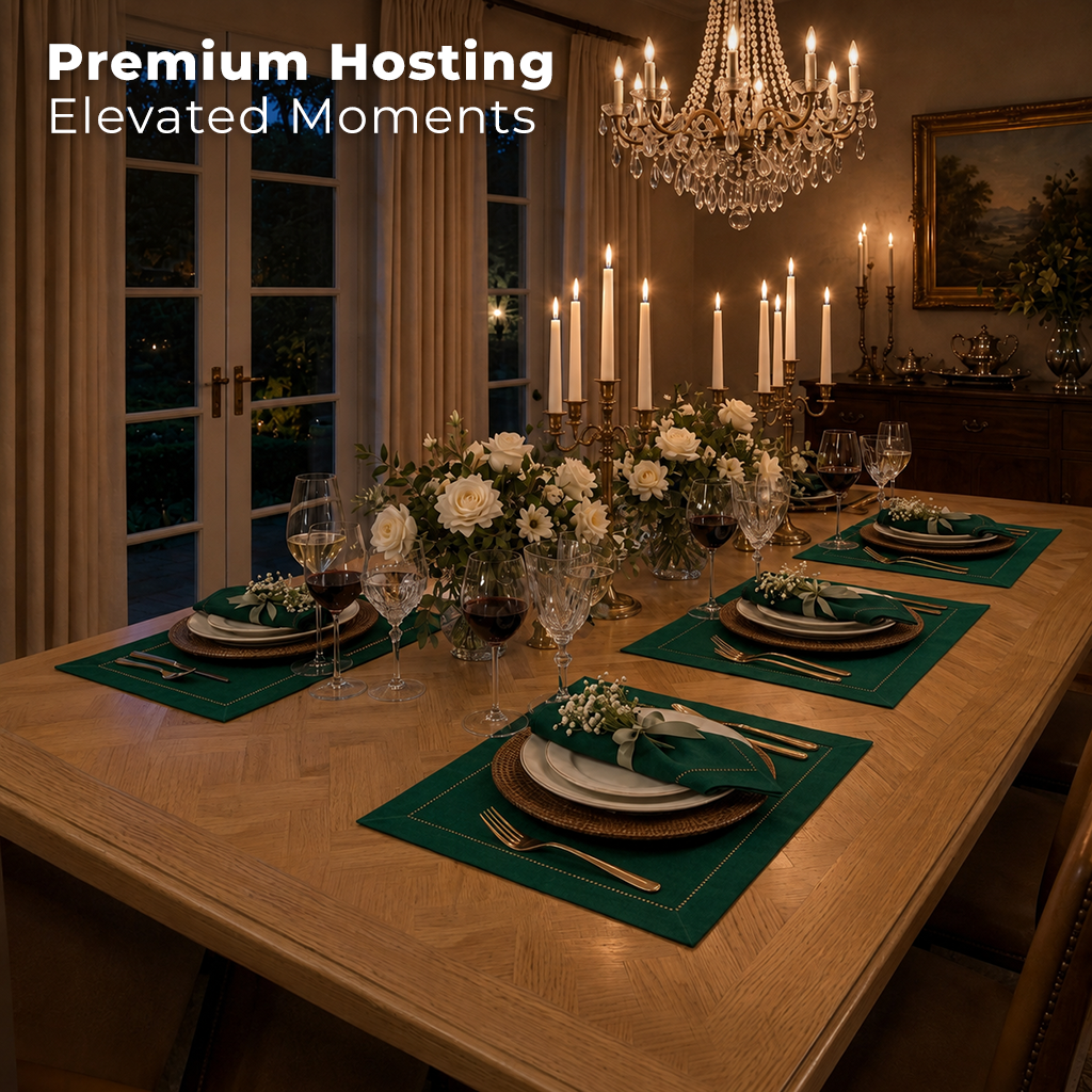Forest green pure linen placemats folded to show fabric texture