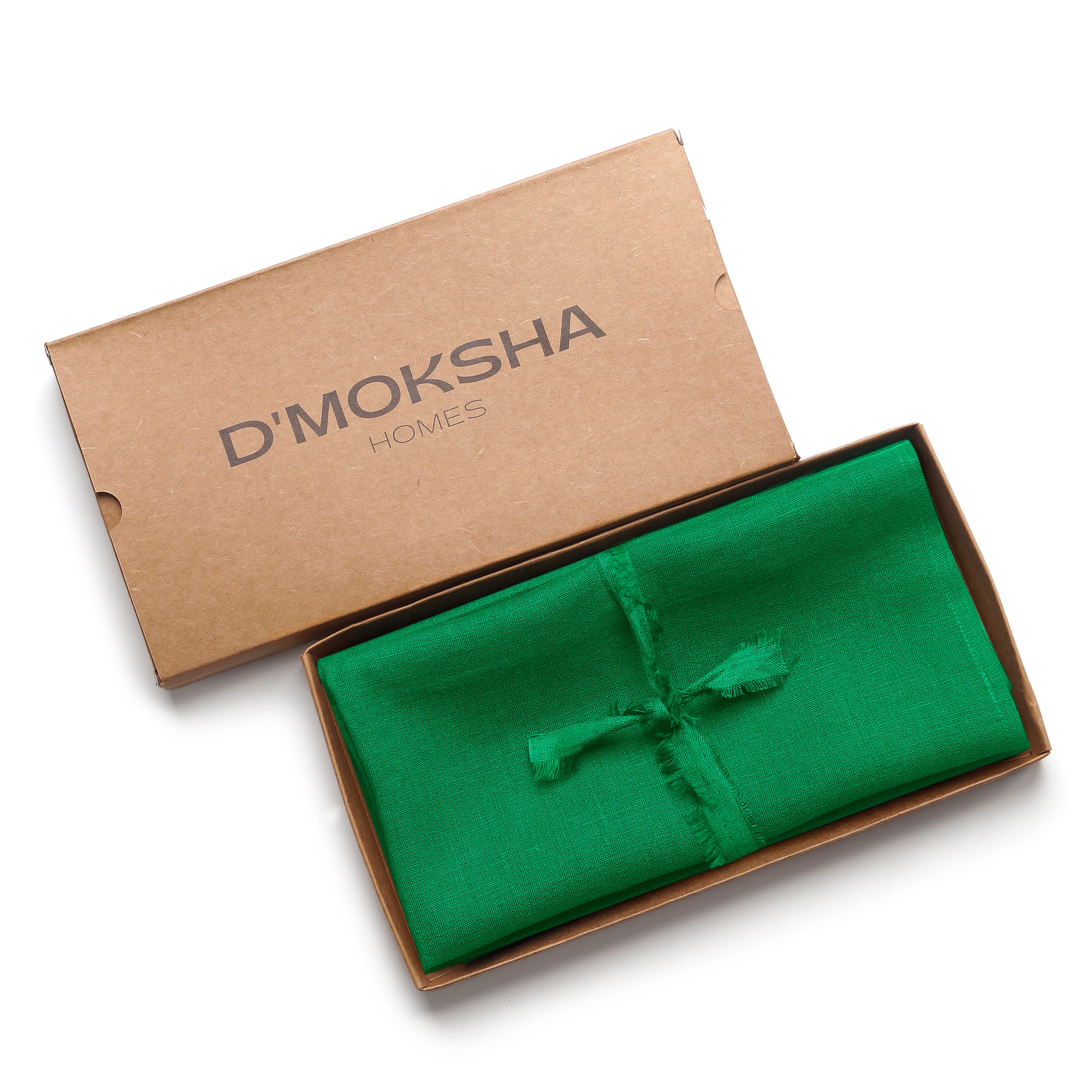Kelly green pure linen dinner napkins with matching D'Moksha table linens
