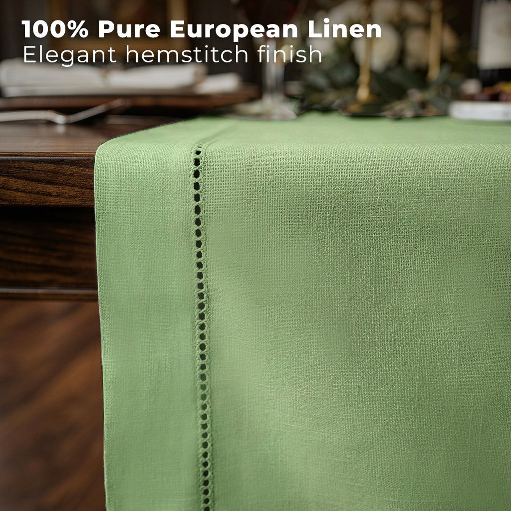 Sage green pure linen table runner styled on a dining table