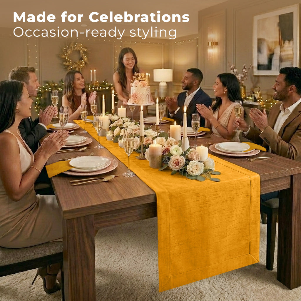 Close-up of the mitered corners on a yellow Luxe Shine table runner