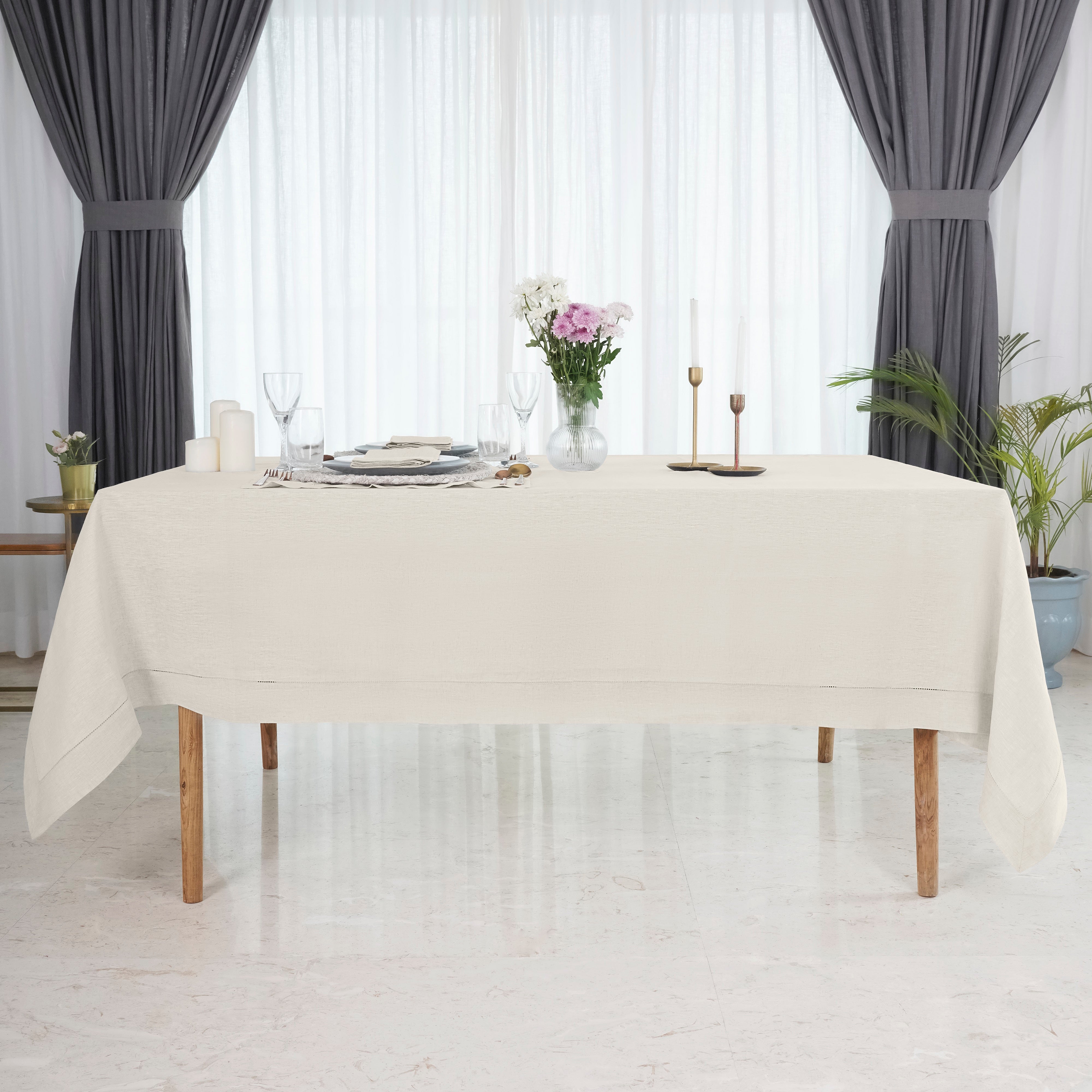 Light Natural Pure Linen Tablecloth, Hemstitch