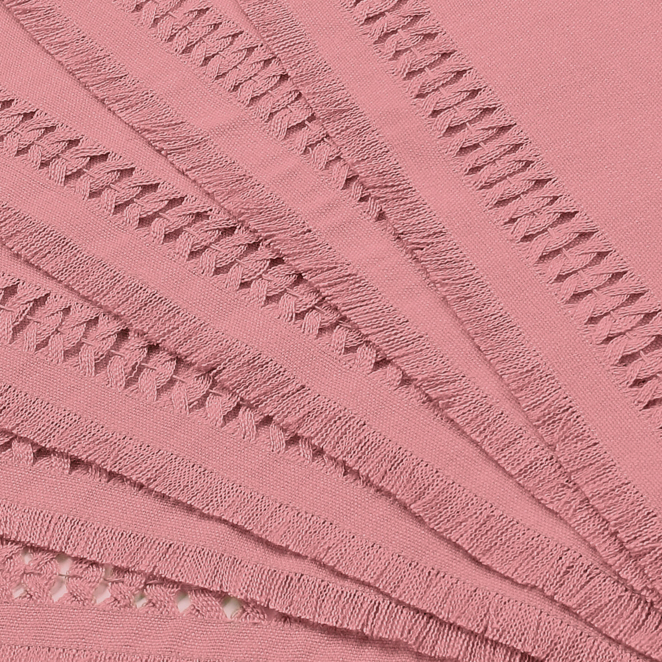 Close-up of the hand-hemstitch edge on dusty pink faux linen dinner napkins