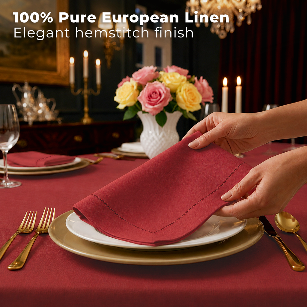 Close-up of the hemstitch edge on bright red pure linen dinner napkins