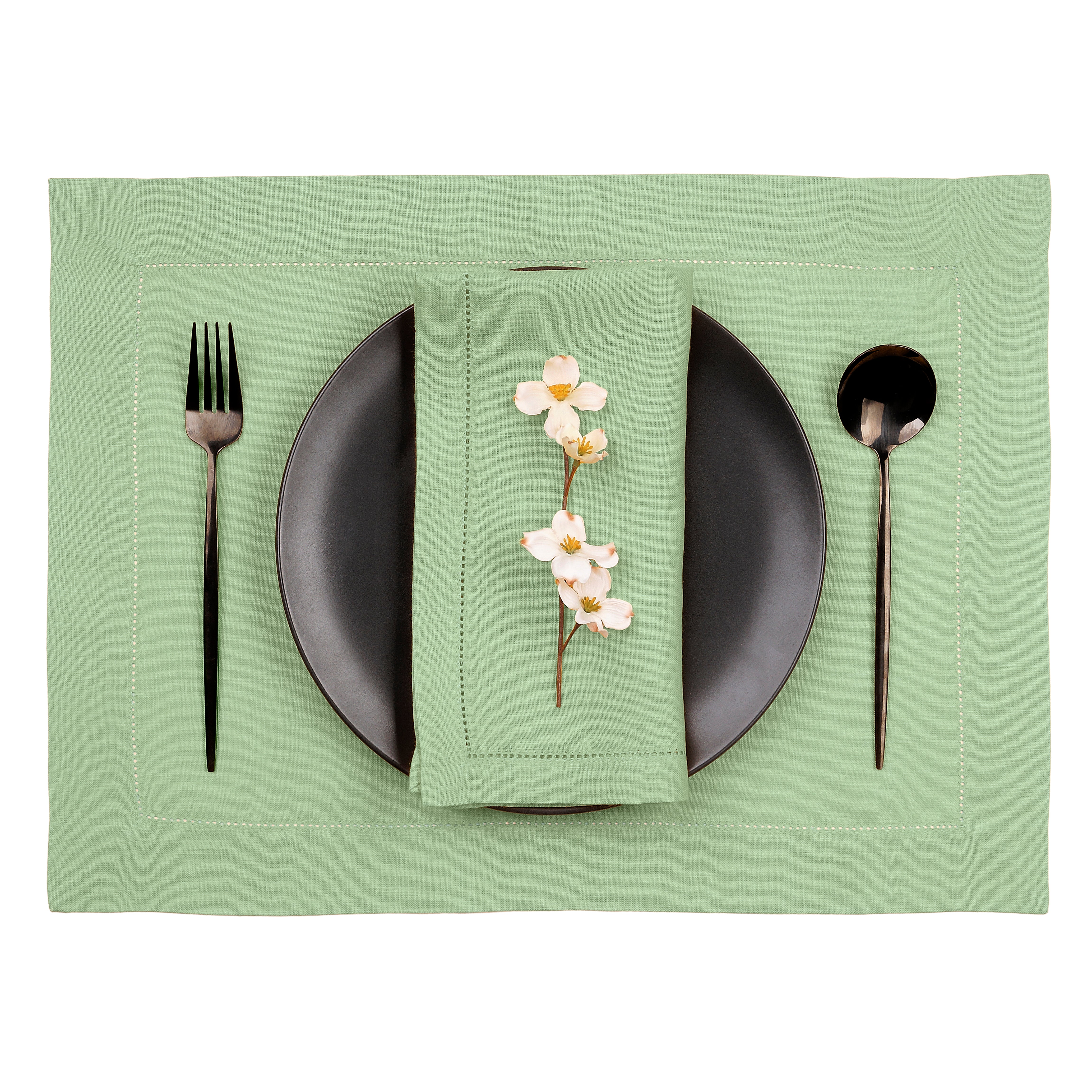 Sage Green Linen Placemats, Hemstitch, 14 x 19 inch, 6 pcs