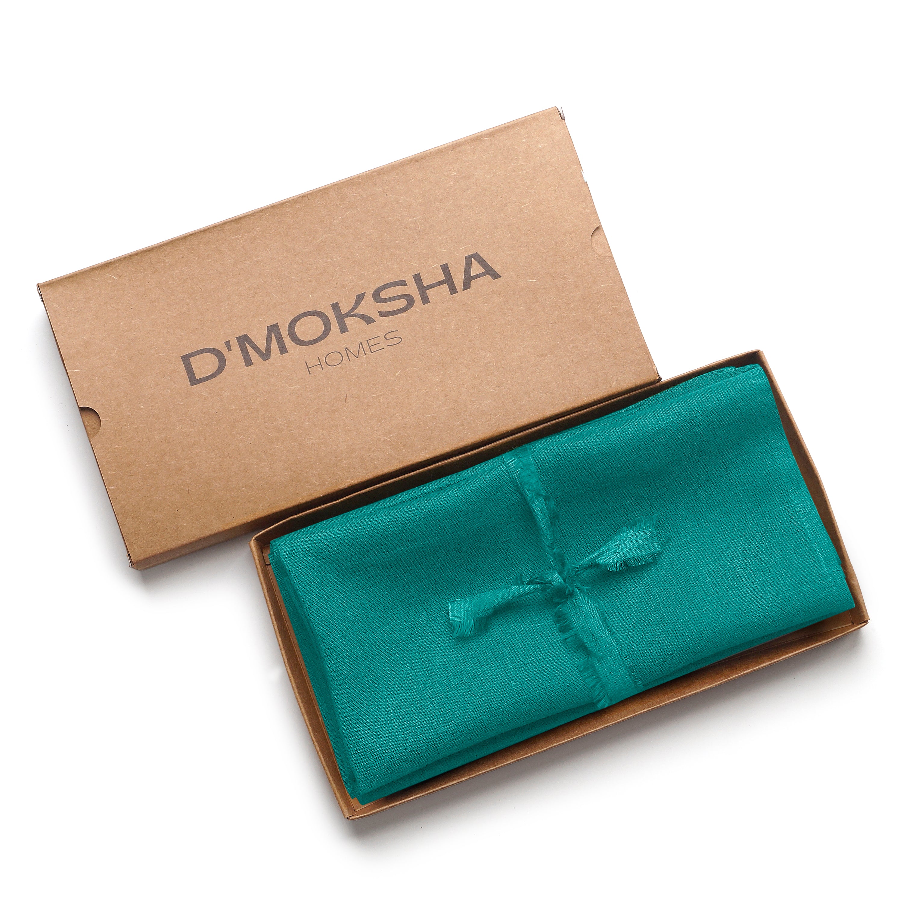 Close-up of the mitered corners on teal blue pure linen dinner napkins
