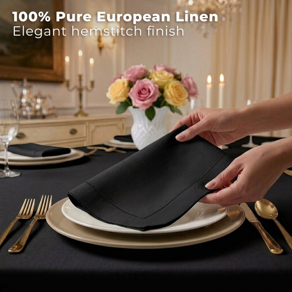 Close-up of the hemstitch edge on black pure linen dinner napkins