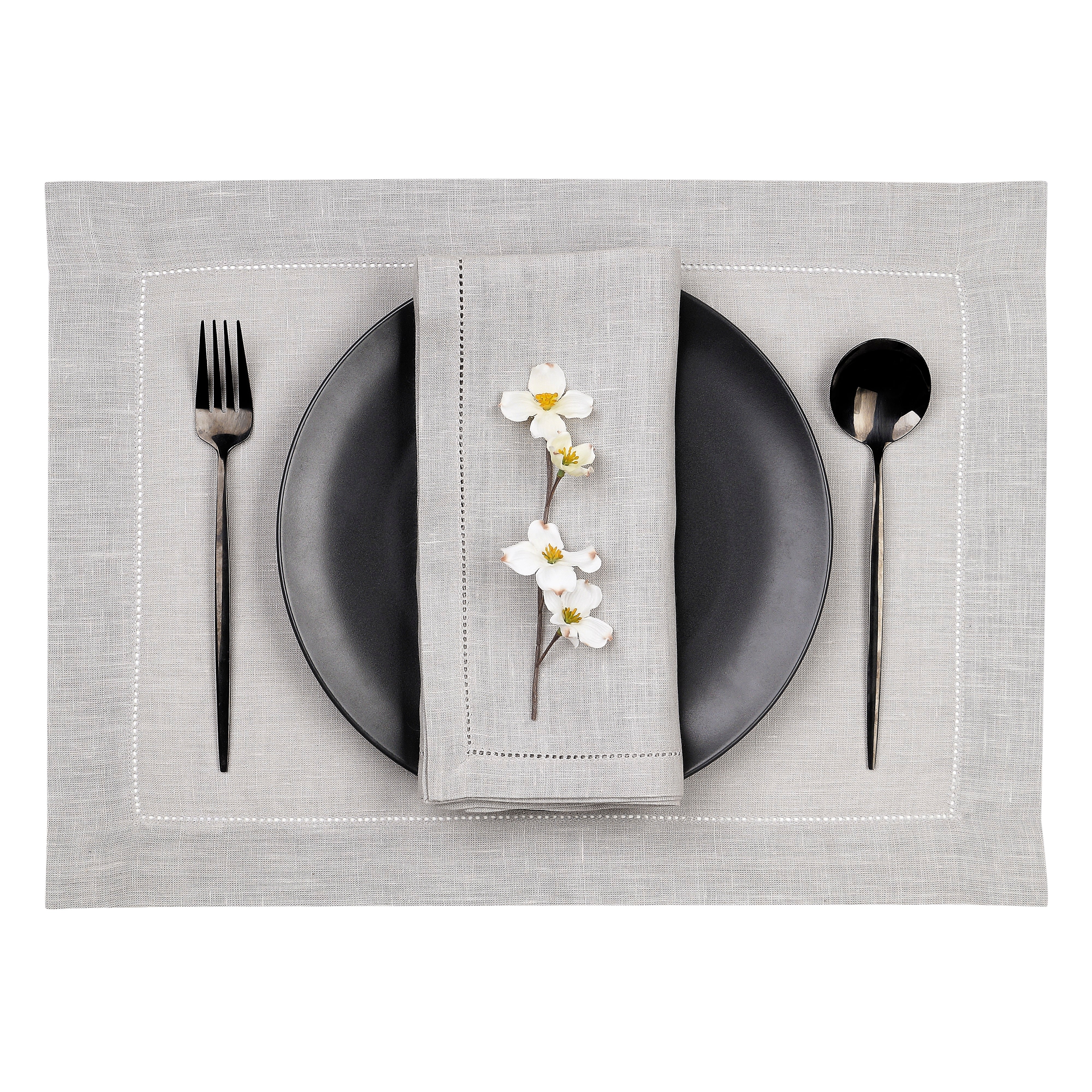 Close-up of the hemstitch edge on silver grey pure linen placemats