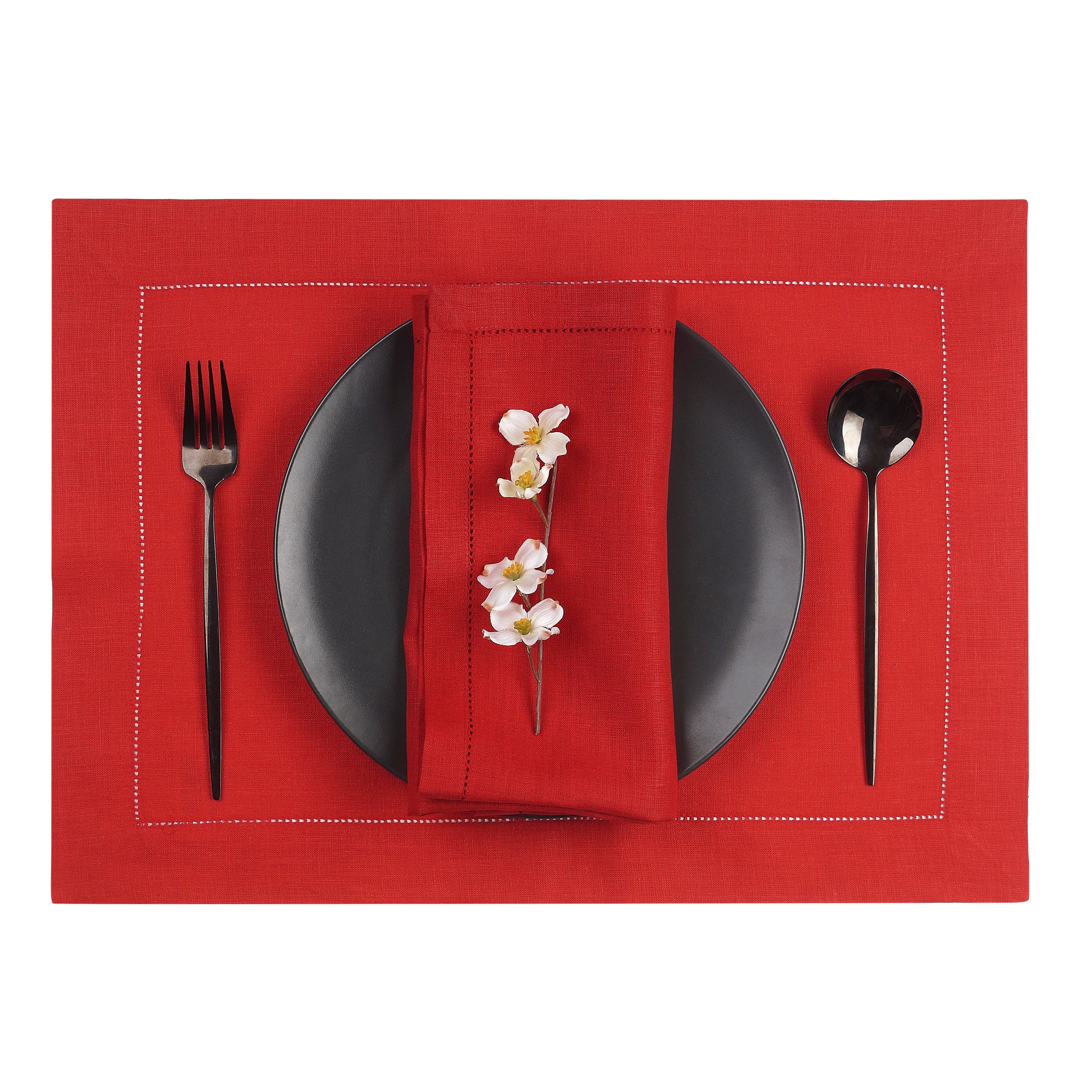 Bright Red Linen Placemats, Hemstitch, 14 x 19 inch, 6 pcs