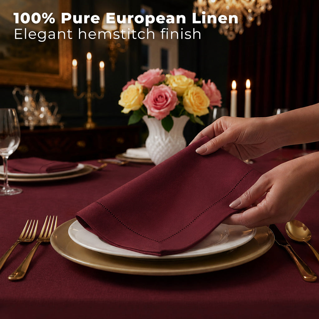 Close-up of the hemstitch edge on dark red pure linen dinner napkins