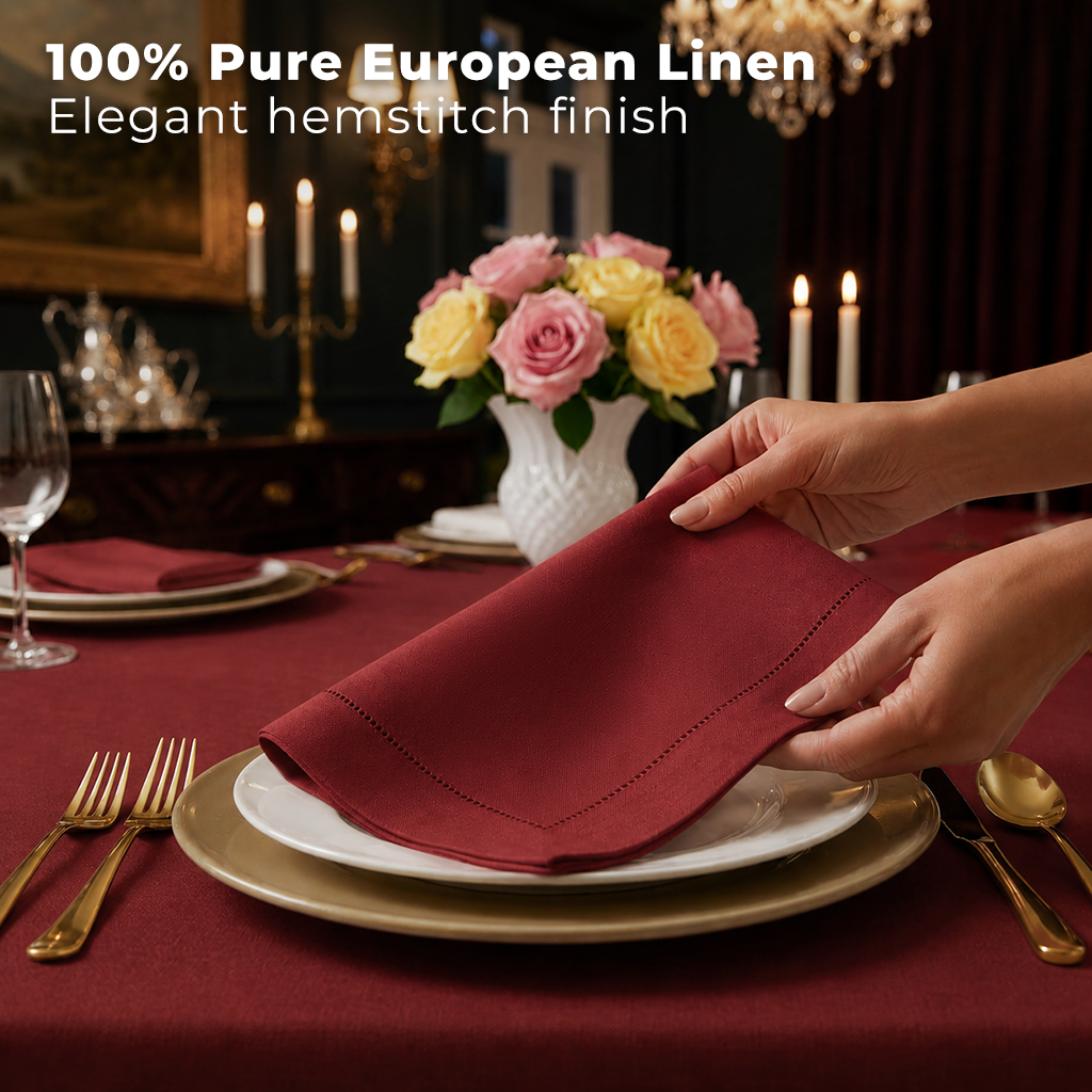 Close-up of the hemstitch edge on red pure linen dinner napkins