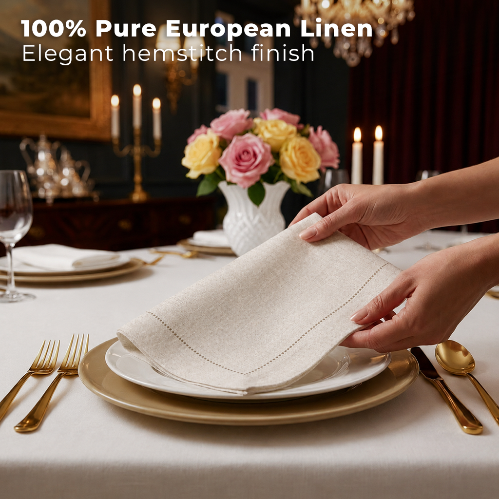 Close-up of the hemstitch edge on light natural pure linen dinner napkins