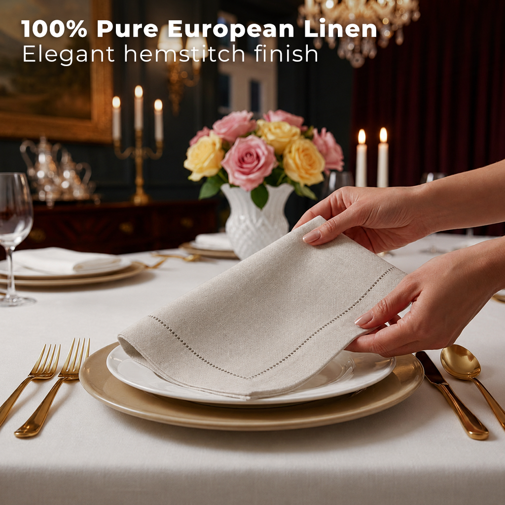 Close-up of the hemstitch edge on natural pure linen dinner napkins