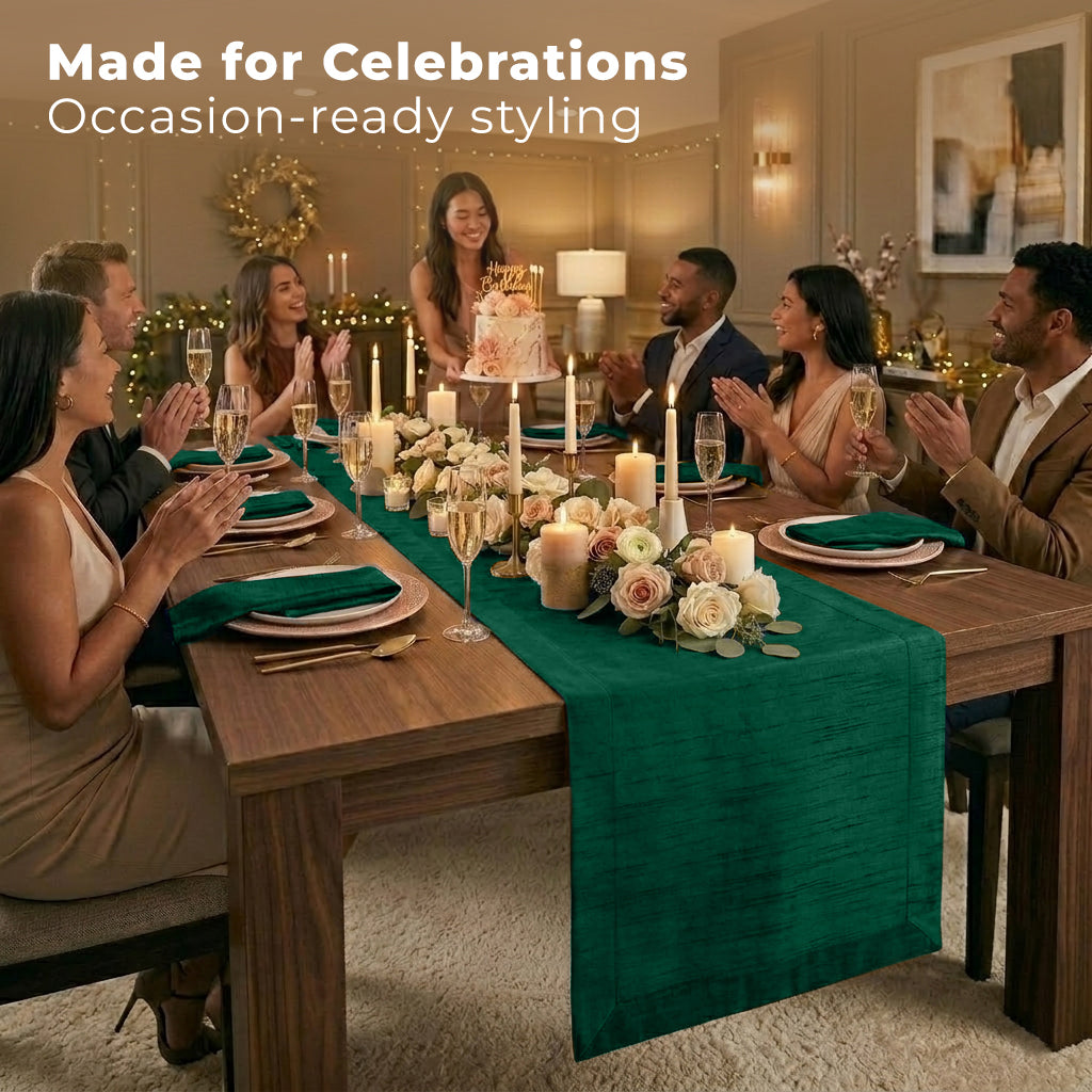 Close-up of the mitered corners on an emerald green Luxe Shine table runner