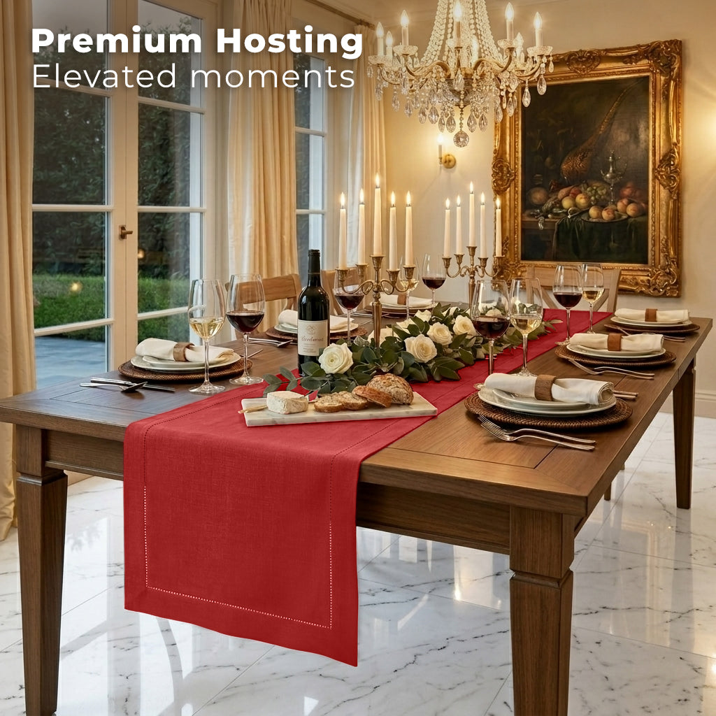 Close-up of the hemstitch edge on a bright red pure linen table runner