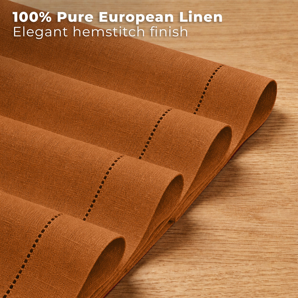 Close-up of the hemstitch edge on rust pure linen placemats