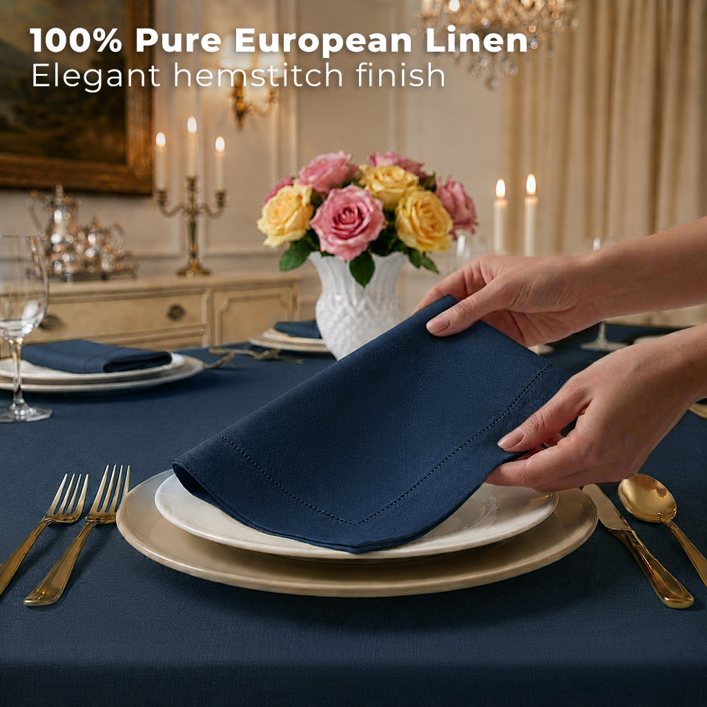 Close-up of the hemstitch edge on navy blue pure linen dinner napkins