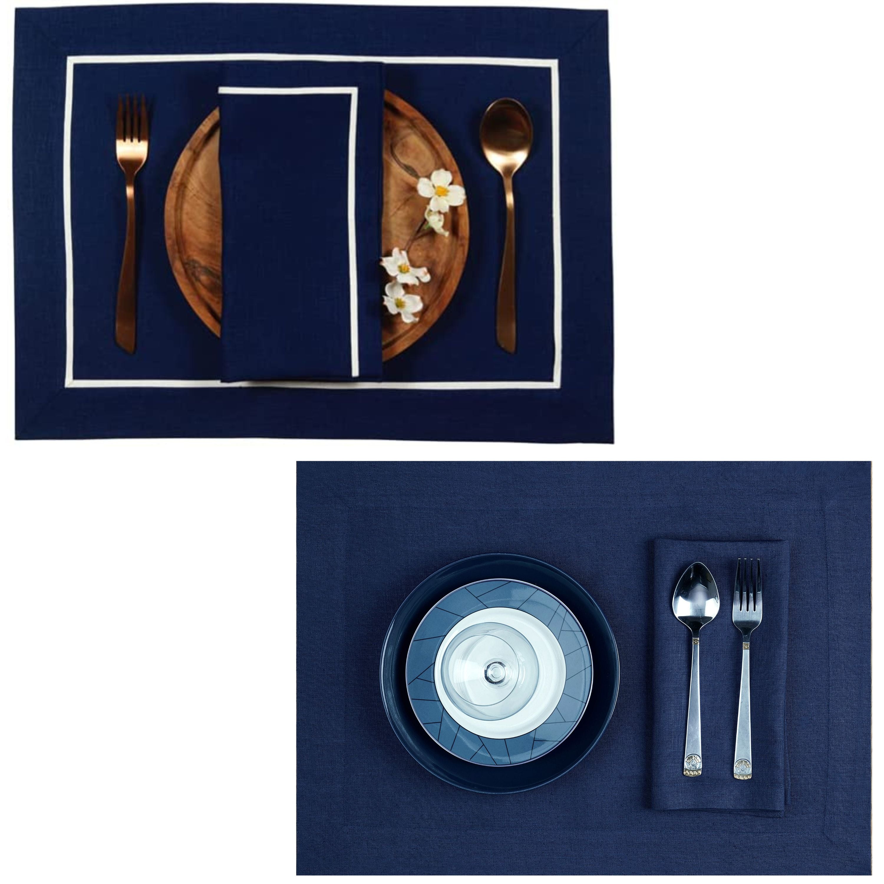 Navy blue and white pure linen placemats styled on a dining table
