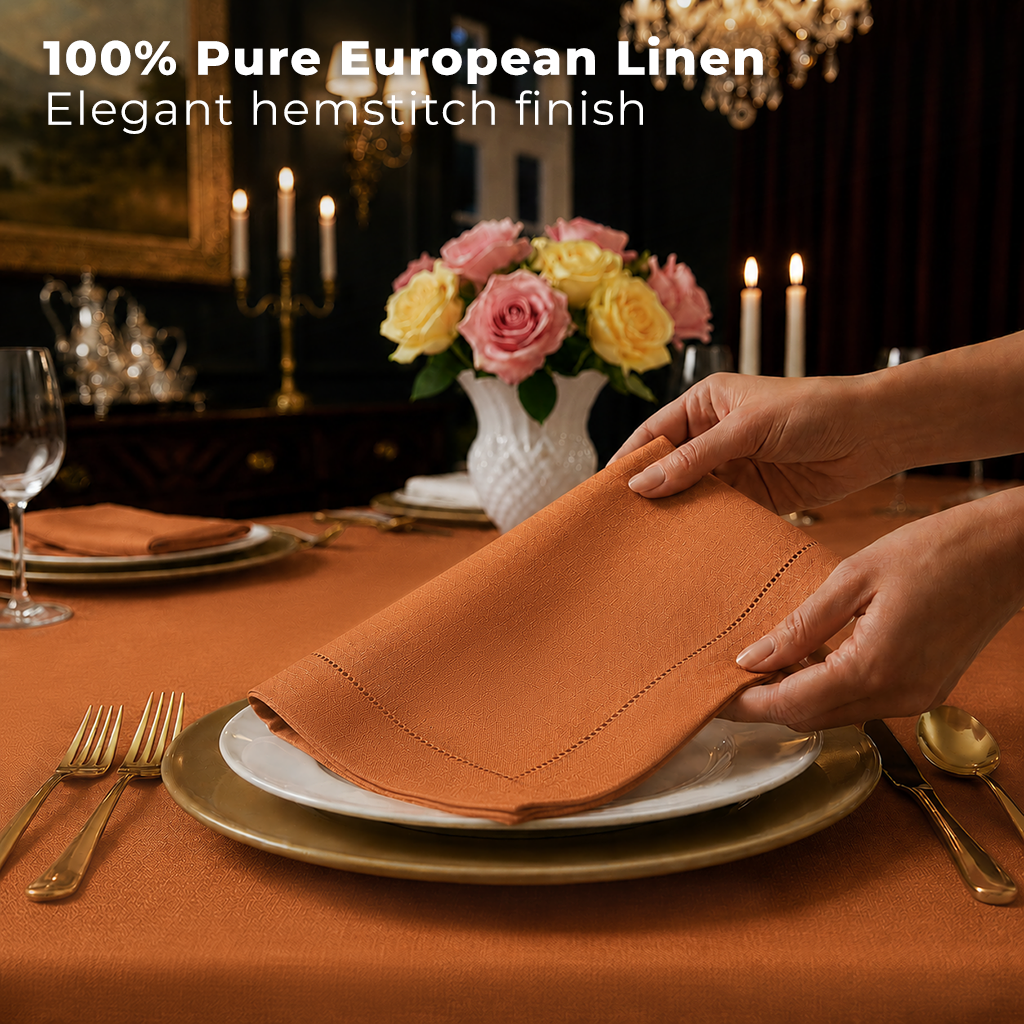 Close-up of the hemstitch edge on rust pure linen dinner napkins