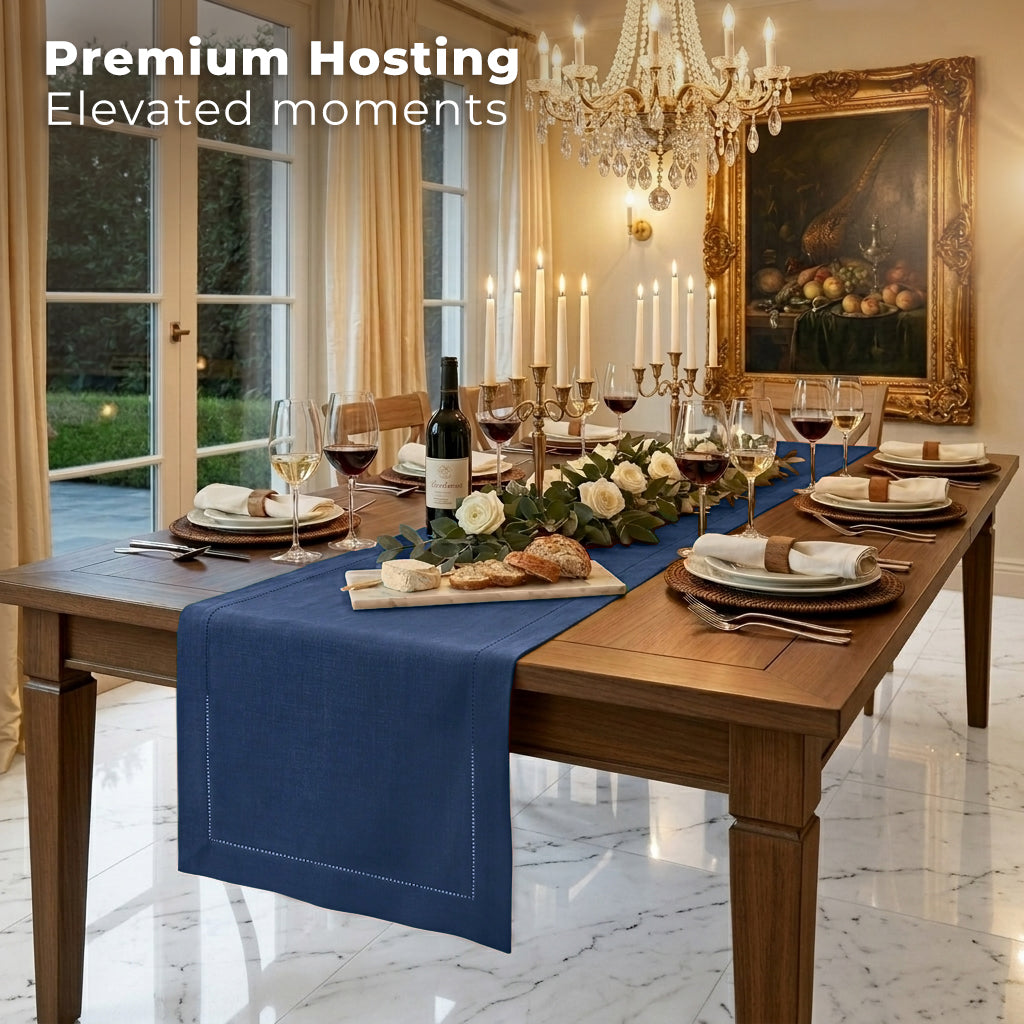 Close-up of the hemstitch edge on a navy blue pure linen table runner