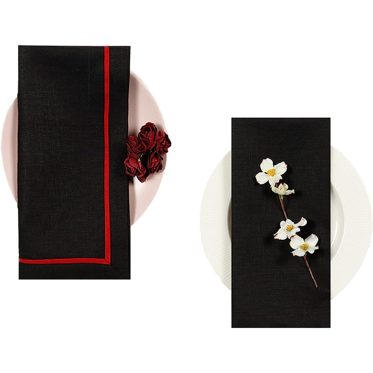 Close-up of the reversible design on black and red pure linen dinner napkins