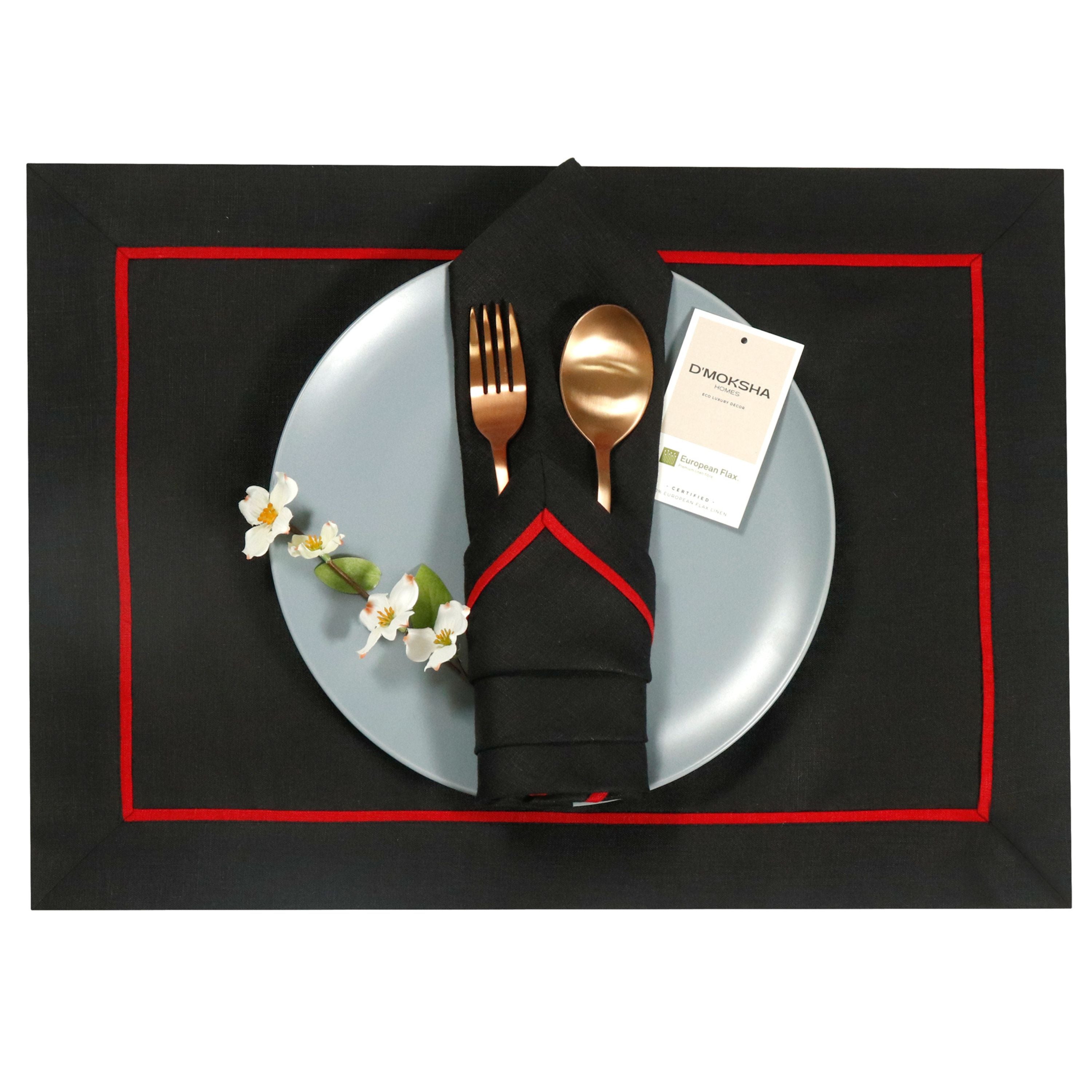 Black and red pure linen placemats with reversible design, 14 x 19 inches, set of 4